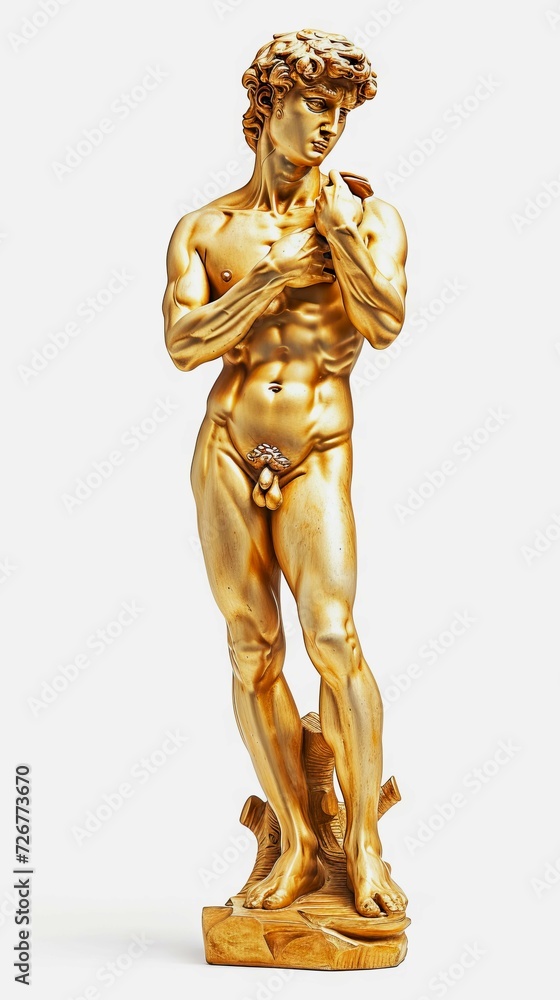 Gold statue of a man on a white background. Concept of classical sculpture, luxury decor, antiquity art, golden statue, artistry, elegance, renaissance. Vertical format Gold statue of a man on a white background. Concept of classical sculpture, luxury decor, antiquity art, golden statue, artistry, elegance, renaissance. Vertical format