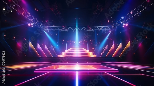 Colorful modern futuristic concert stage with dynamic neon illumination. Modern Night Club. Concept of virtual reality events, futuristic concerts, and high tech stage design.