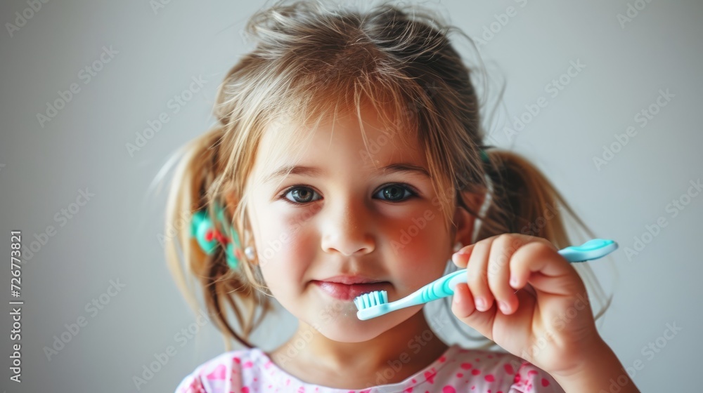 Little kid girl with toothbrush. Concept of oral hygiene, playful learning, self-care for children, and dental health. Light background Little kid girl with toothbrush. Concept of oral hygiene, playful learning, self-care for children, and dental health. Light background