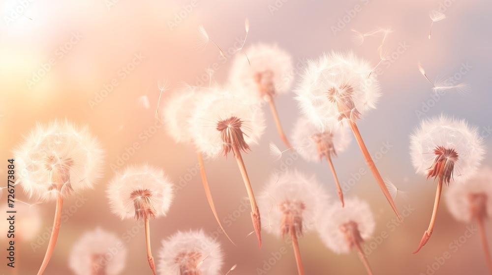 Dandelion close up with sunlight creating a bright, dreamy atmosphere. Concept of serene and calmness, beauty of nature, dandelion seeds, abstract background