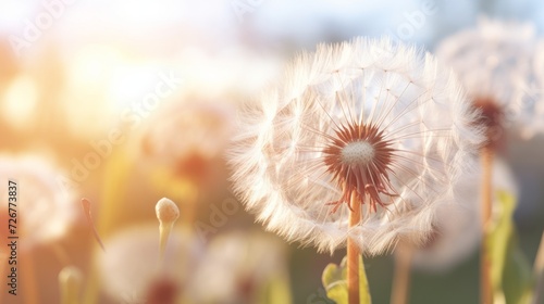 Dandelion close up with sunlight creating a bright  dreamy atmosphere. Concept of beauty of nature  dandelion seeds  abstract background  serene and calmness