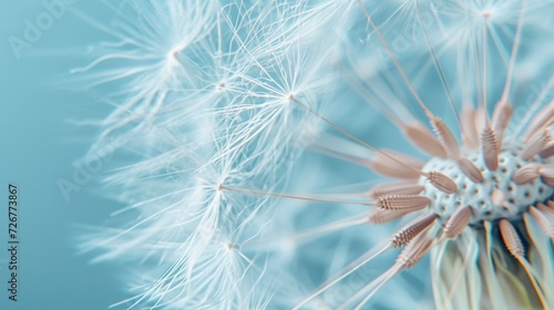 Dandelion fluff with pastel blue color. Abstract background. Concept of delicate beautiful backdrop  serene and calmness  dandelion seeds