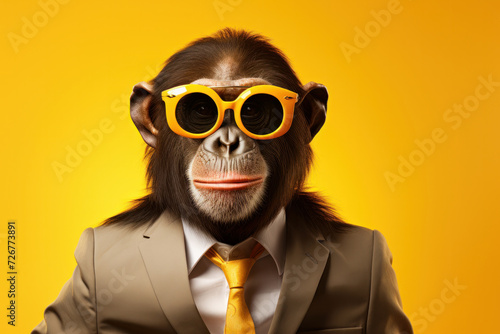 Corporate chimp in a suit, a satirical take on business and style AI Generative. photo