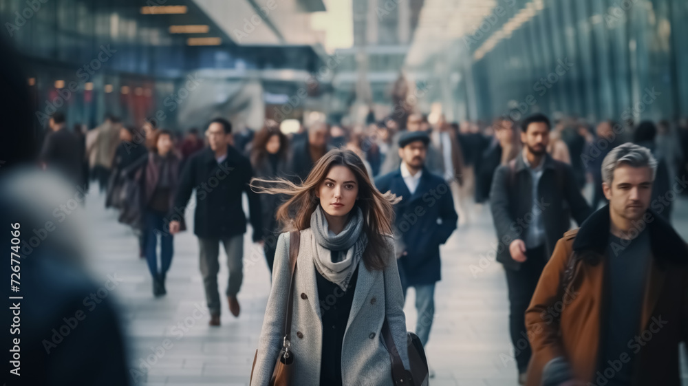 Portrait of a beautiful woman walking in modern city, long hair, stylish, dynamic movement, motion blur, cinematic colors, crowded street. Portrait of a beautiful woman walking in modern city, long hair, stylish, dynamic movement, motion blur, cinematic colors, crowded street.