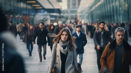 Portrait of a beautiful woman walking in modern city, long hair, stylish, dynamic movement, motion blur, cinematic colors, crowded street.  © Loucine