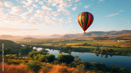 Hot air balloon soaring over a scenic landscape. AI Generative.