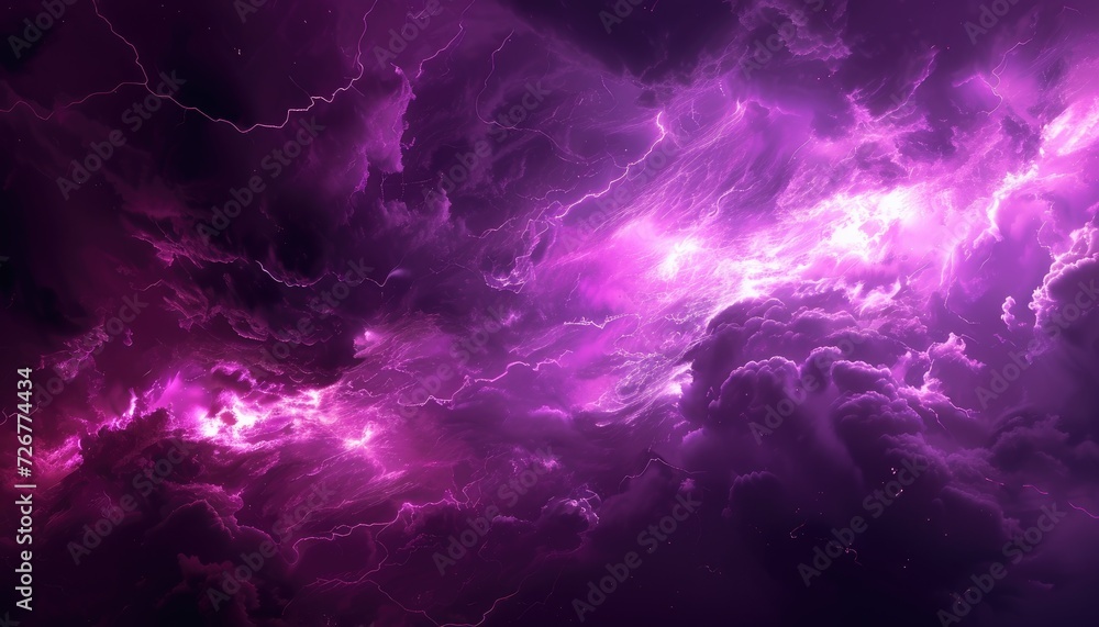 Abstract purple thunder lightnings against black sky background, storm weather backdrop