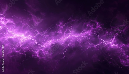 Abstract purple thunder lightnings against black sky background, storm weather backdrop photo