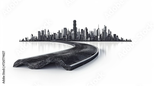 3d illustration of infinity road with skyline. design advertisement isolated. never ending road design advertisement. city skyline with piece of land isolated. bending road on white background. photo