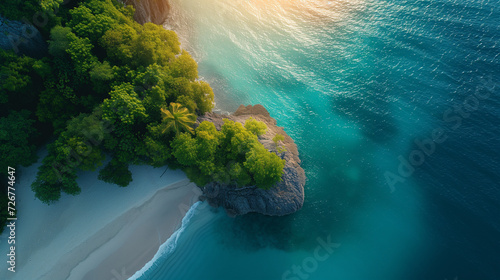Bird's-eye view photography on a beautiful island. Green blue ocean. AI generated