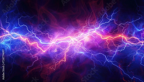 Abstract blue and purple thunder lightnings against black sky background, storm weather backdrop