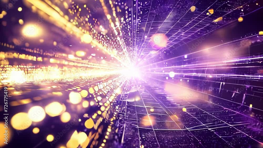 Viewed from a perspective as if moving through it, a tunnel of interlacing golden and purple lights stretches towards a distant point.
Viewed from a perspective as if moving through it, a tunnel of interlacing golden and purple lights stretches towards a distant point.