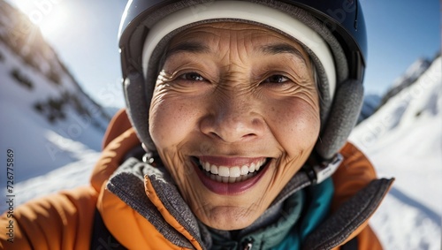 Senior Asian woman wearing a ski helmet and goggles smiling on a sunny snowy mountain, showing excitement and adventure spirit. © Tom