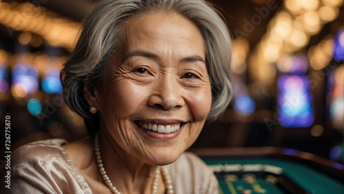 Elderly Asian woman with a joyful expression in a casino setting, wearing a silk blouse and pearl earrings, with blurred slot machines in the background.