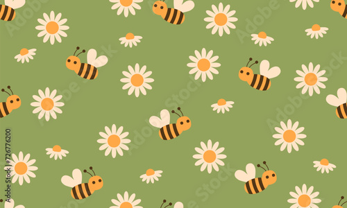 Seamless pattern with bees and flowers. Vector illustration with bees and daisies