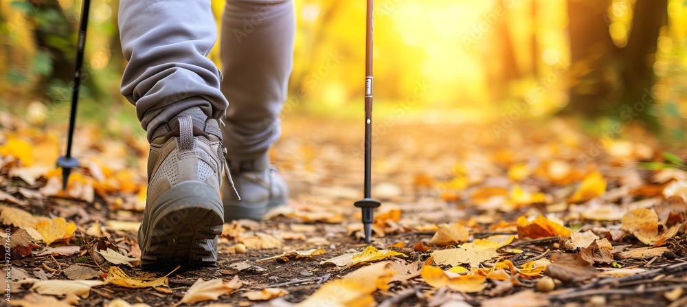 Hiker s legs with hiking shoes and sticks walking in forest, healthy lifestyle concept
