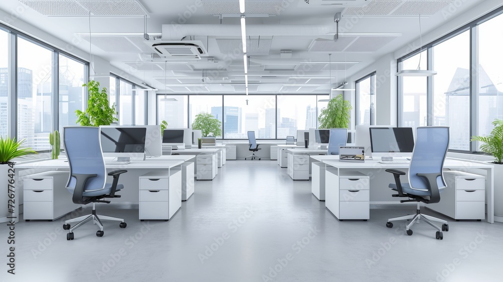 Blurred background of light modern office interior with floor to ceiling windows
