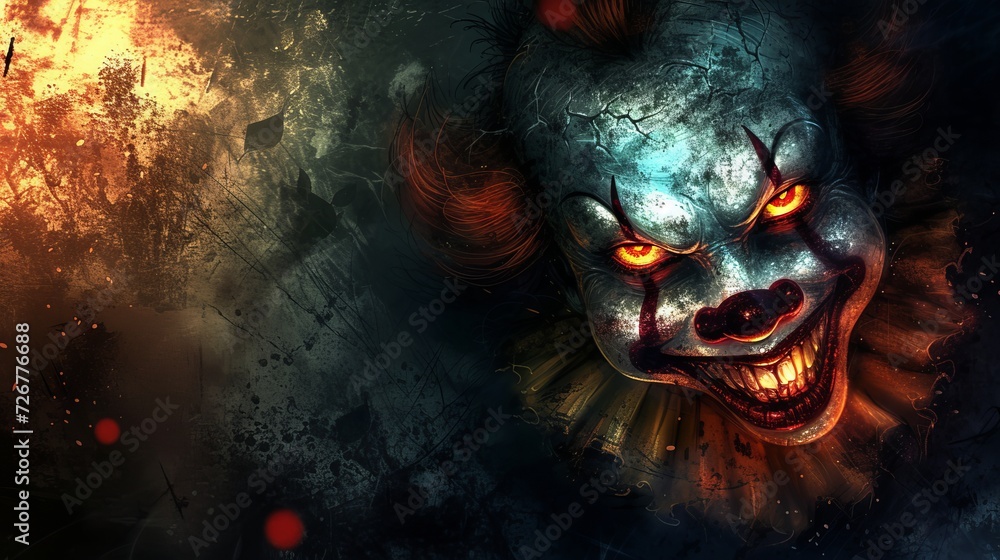 Terrifying clown with glowing red eyes and a menacing smile, creating a chilling atmosphere