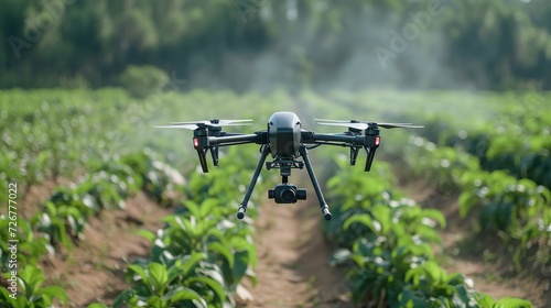 Agriculture drone fly to sprayed fertilizer on row of cassava tree. smart farmer use drone for various fields like research analysis, terrain scanning technology, smart technology concept