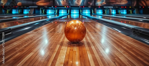 Bowling ball crashing into pins on alley in sport competition or tournament concept photo