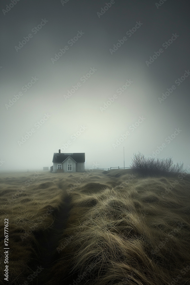 Fototapeta premium Landscape view of Iceland, void, houses, gloomy, dense fog. AI generated