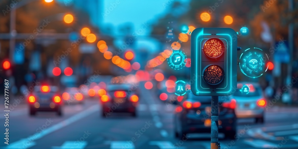 Fototapeta premium Intelligent Traffic Management: Smart Traffic Lights Overseeing the Busy Urban Evening Commute, Generative AI