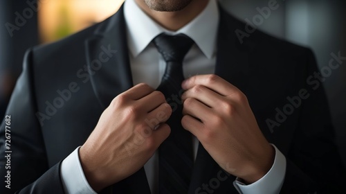 Businessman in black suit tying the necktie 
