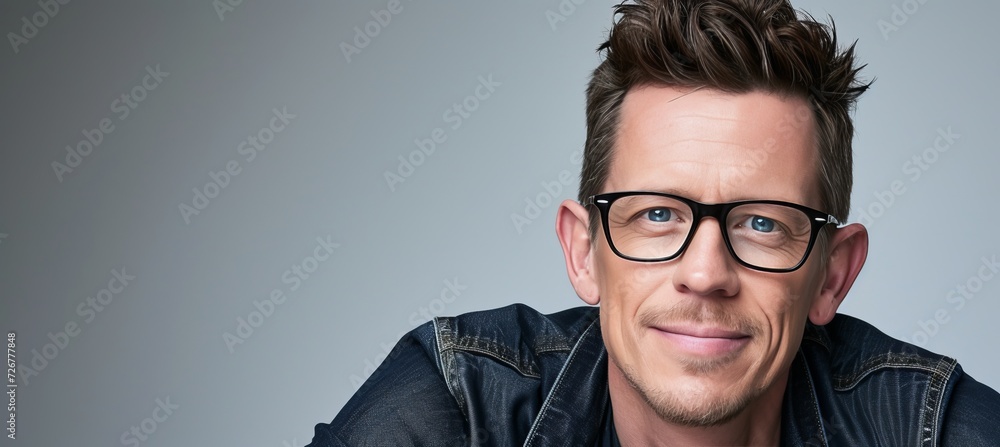 Smiling middle aged man in studio bright advertising shot with copy space on left Smiling middle aged man in studio bright advertising shot with copy space on left