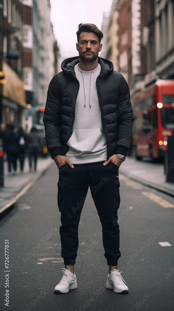A HD Portrait of a young man with dark hair standing in the Streets of London A HD Portrait of a young man with dark hair standing in the Streets of London