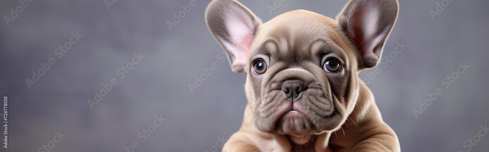 Muzzle of a bulldog puppy close-up on a gray background, empty space. Cute wrinkled domestic puppy, pet