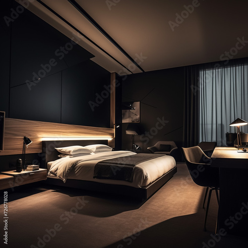 Corner of modern bedroom with white and wooden walls, wooden floor, comfortable king size bed and bathroom in the background. 3d rendering © MALIK