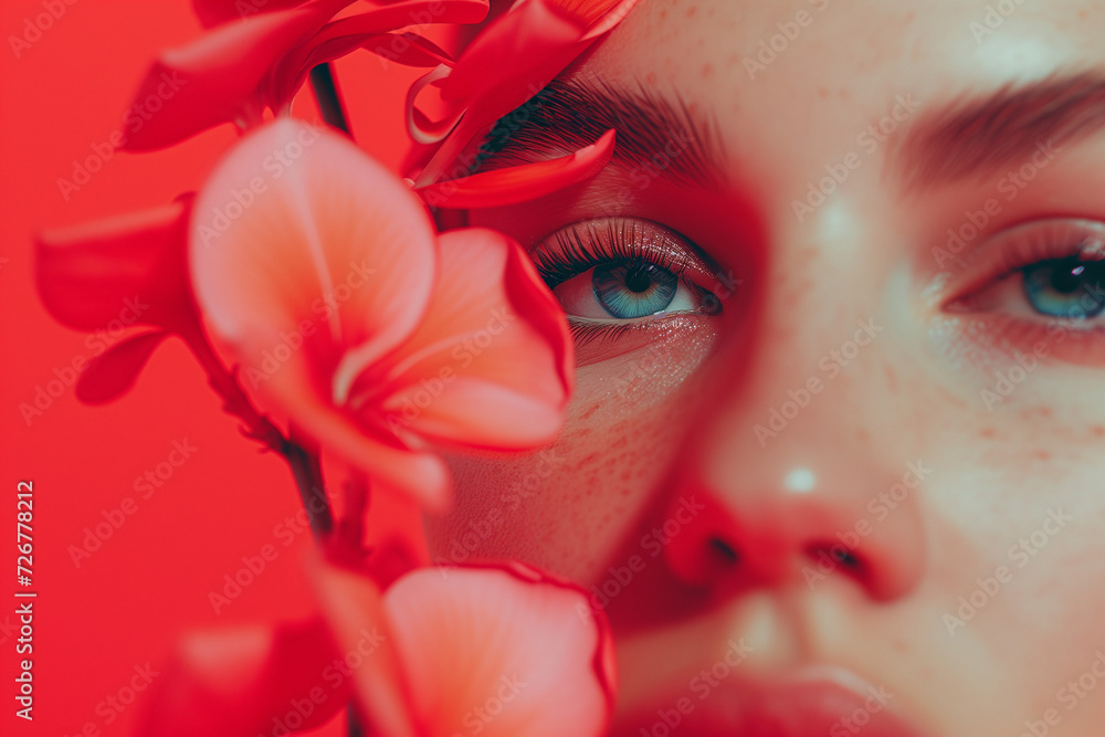 magazine cover , macro photo , a woman with a flowers for eyebrow, solid pastel red color background. AI generated magazine cover , macro photo , a woman with a flowers for eyebrow, solid pastel red color background. AI generated