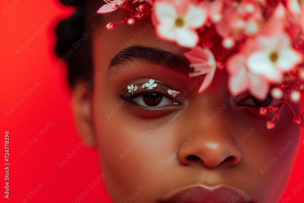 magazine cover , macro photo , a woman with a flowers for eyebrow, solid pastel red color background. AI generated magazine cover , macro photo , a woman with a flowers for eyebrow, solid pastel red color background. AI generated