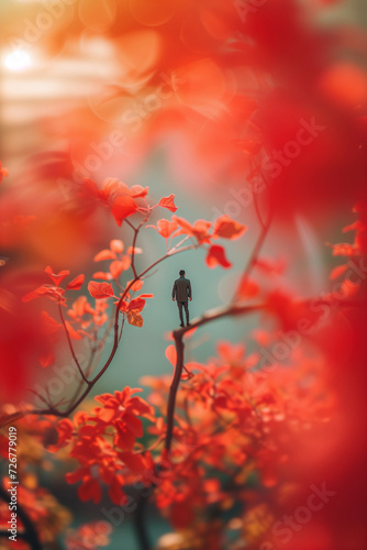 surreal picture of a littel man standing on a limb of a blooming tree. AI generated