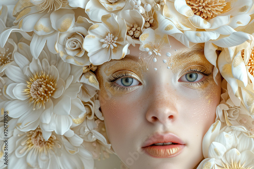 hyperrealistic scene of a beautiful white woman with golden white flowers around her. AI generated