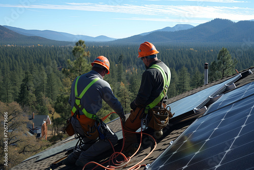 
two solar workers on a roof. they are putting a solar panel on the roof. view of mountains and tress in the background. AI generated