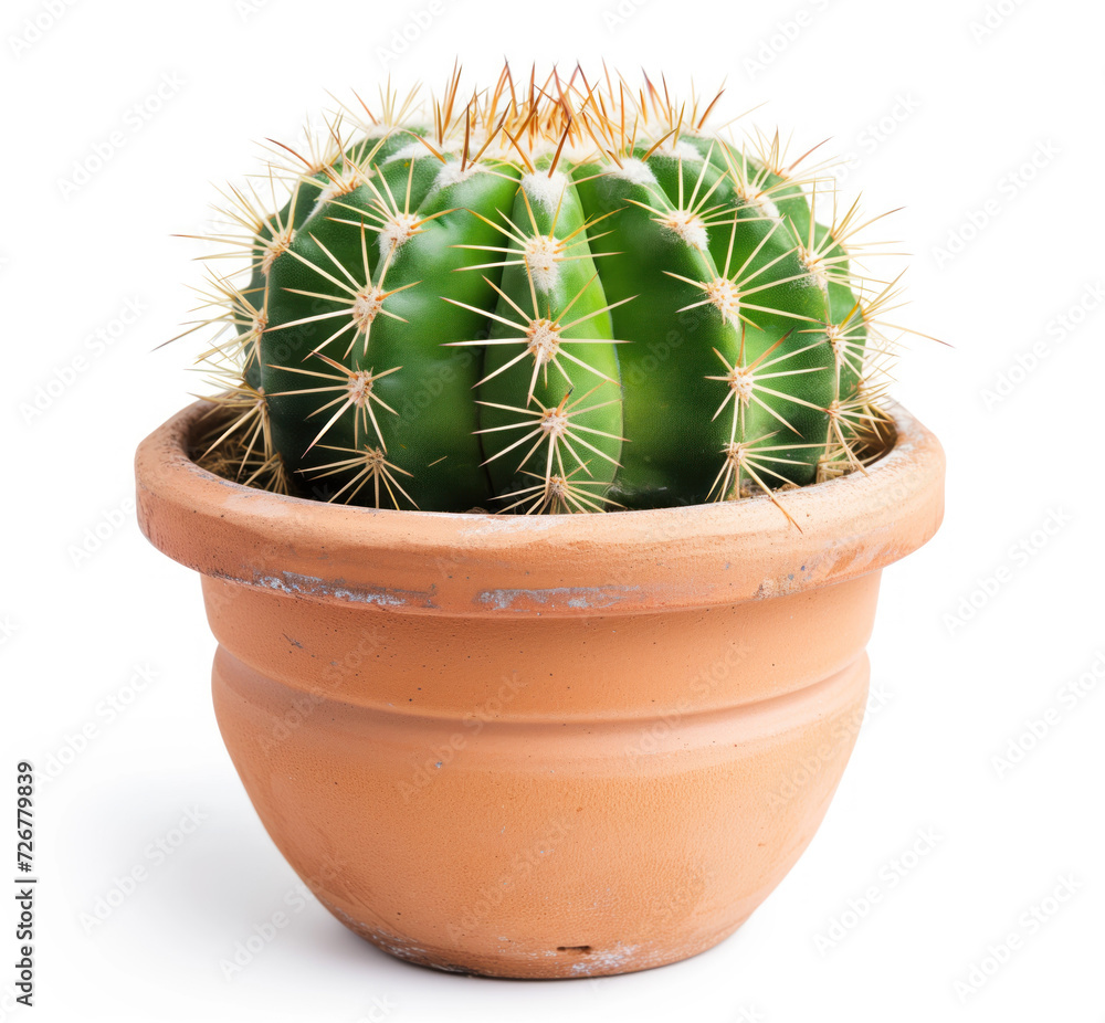 A close-up image of a vibrant green cactus with sharp spines, housed in a rustic terracotta pot, isolated on a white background A close-up image of a vibrant green cactus with sharp spines, housed in a rustic terracotta pot, isolated on a white background