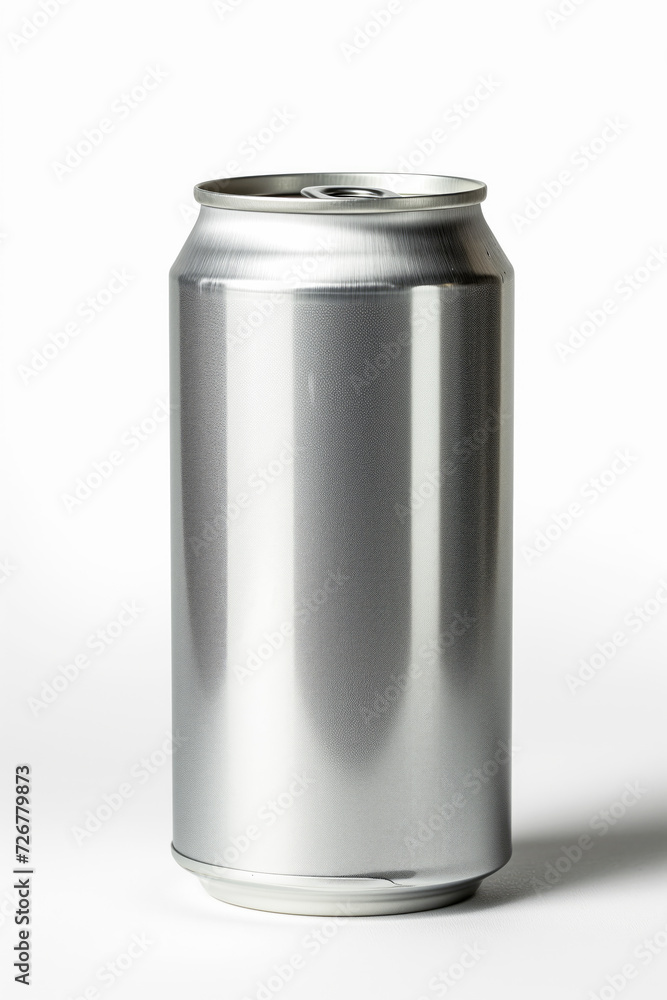 A pristine, blank aluminum can stands isolated against a white background, showcasing its metallic texture and reflective surface. Ideal for product mockups or branding templates. A pristine, blank aluminum can stands isolated against a white background, showcasing its metallic texture and reflective surface. Ideal for product mockups or branding templates.