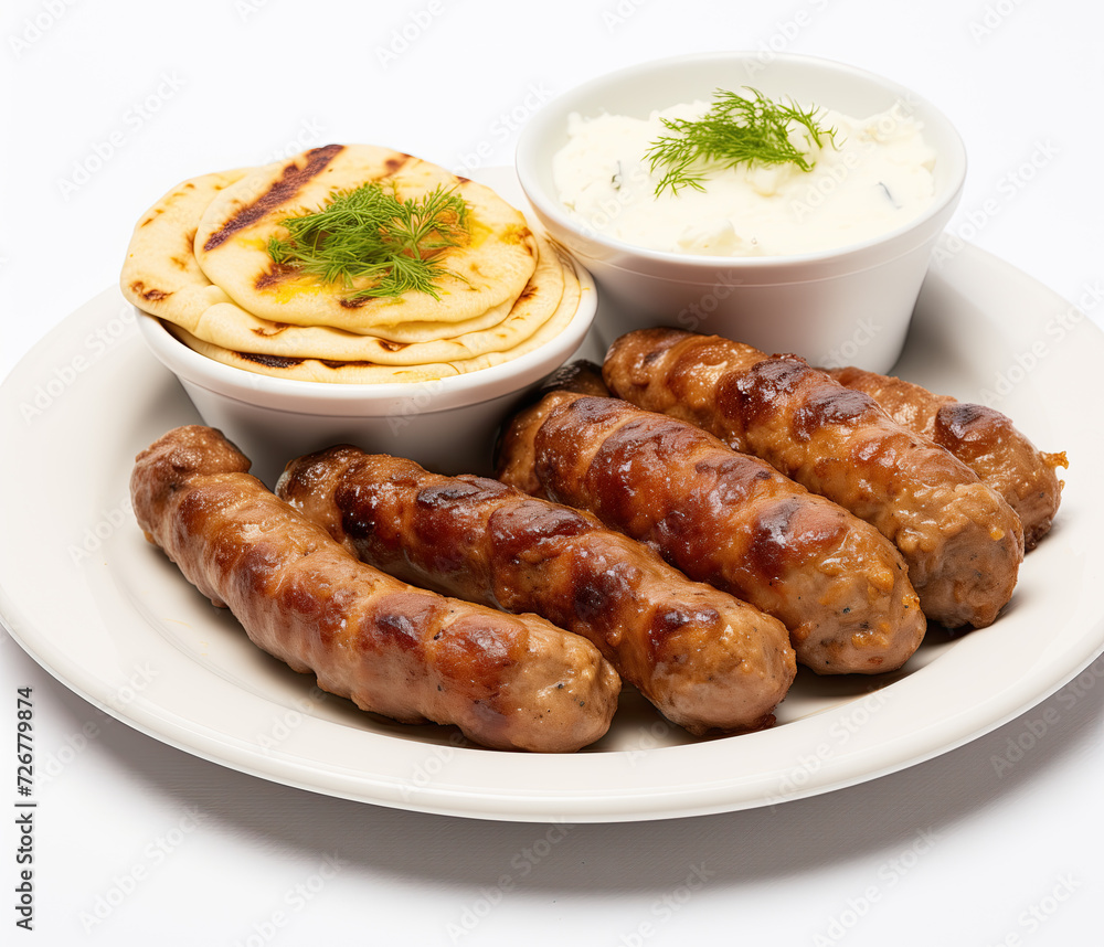 A plate showcasing Bosnian Cevapcic. The grilled sausage and golden-brown flatbread are complemented by a creamy dip. Fresh dill garnishes this mouth-watering meal