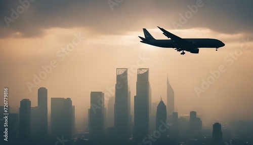 silhouette of a passenger plane flying over two skyscrapers  warm light  foggy weather 