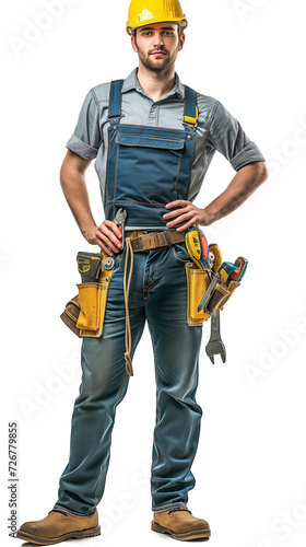 A professional handyman in a yellow hard hat and denim overalls, equipped with a tool belt filled with various tools, stands prepared for construction or repair tasks