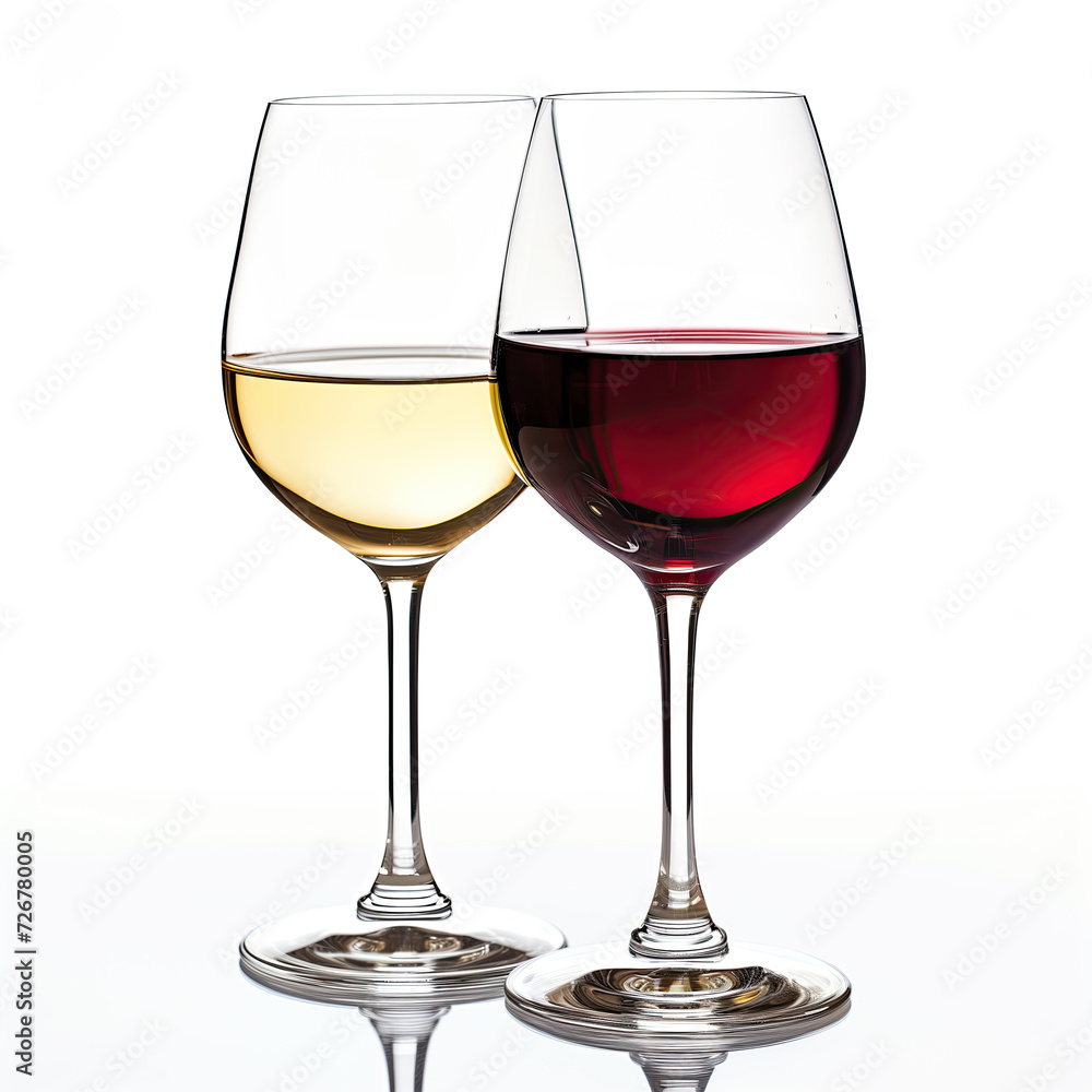 Two elegant wine glasses filled with red and white wine, isolated on a white background, reflecting sophistication and celebration. Two elegant wine glasses filled with red and white wine, isolated on a white background, reflecting sophistication and celebration.