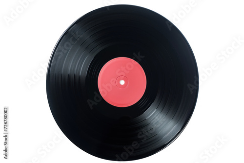 Close-up view of a classic black vinyl record with a red label  isolated on a white background. The grooves and texture are highlighted.