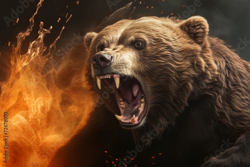 Angry brown bear on a fire background, with copy space