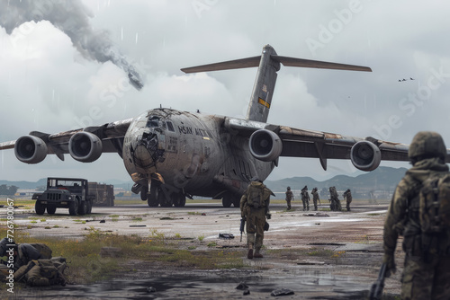 cargo plane taking off from a military airfield. The plane is loaded with supplies and equipment, and there are soldiers standing nearby photo