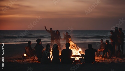 silhouette of people sitting around a wood fire on the beach having fun 