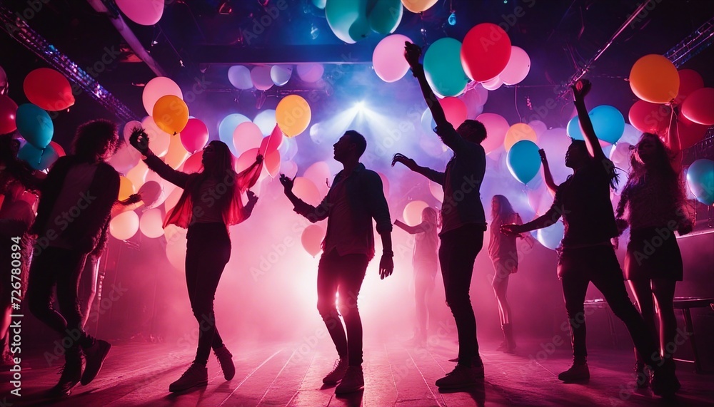 silhouette of young people having fun in a night club, colored lights, colorful balloons flying, smoky palce
silhouette of young people having fun in a night club, colored lights, colorful balloons flying, smoky palce