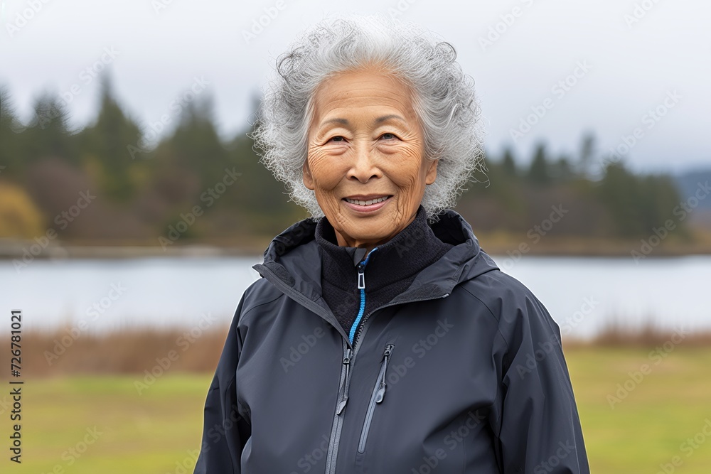 Happy asian elderly woman with a radiant smile, immersed in the serenity of natures beauty Happy asian elderly woman with a radiant smile, immersed in the serenity of natures beauty