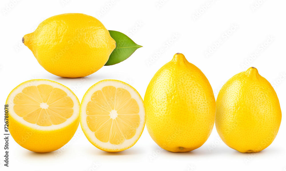 ripe lemon fruit, half and slice lemon isolated, Fresh and Juicy Lemon, collection.