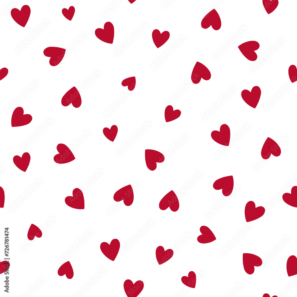 All over seamless vector repeat pattern with ditsy small red hand drawn doodle hearts tossed on white background. Simple cute Valentines day background